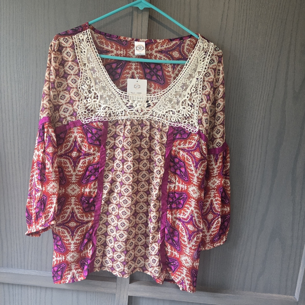 Bila Cream and Pink Embellished Bib Collar Blouse